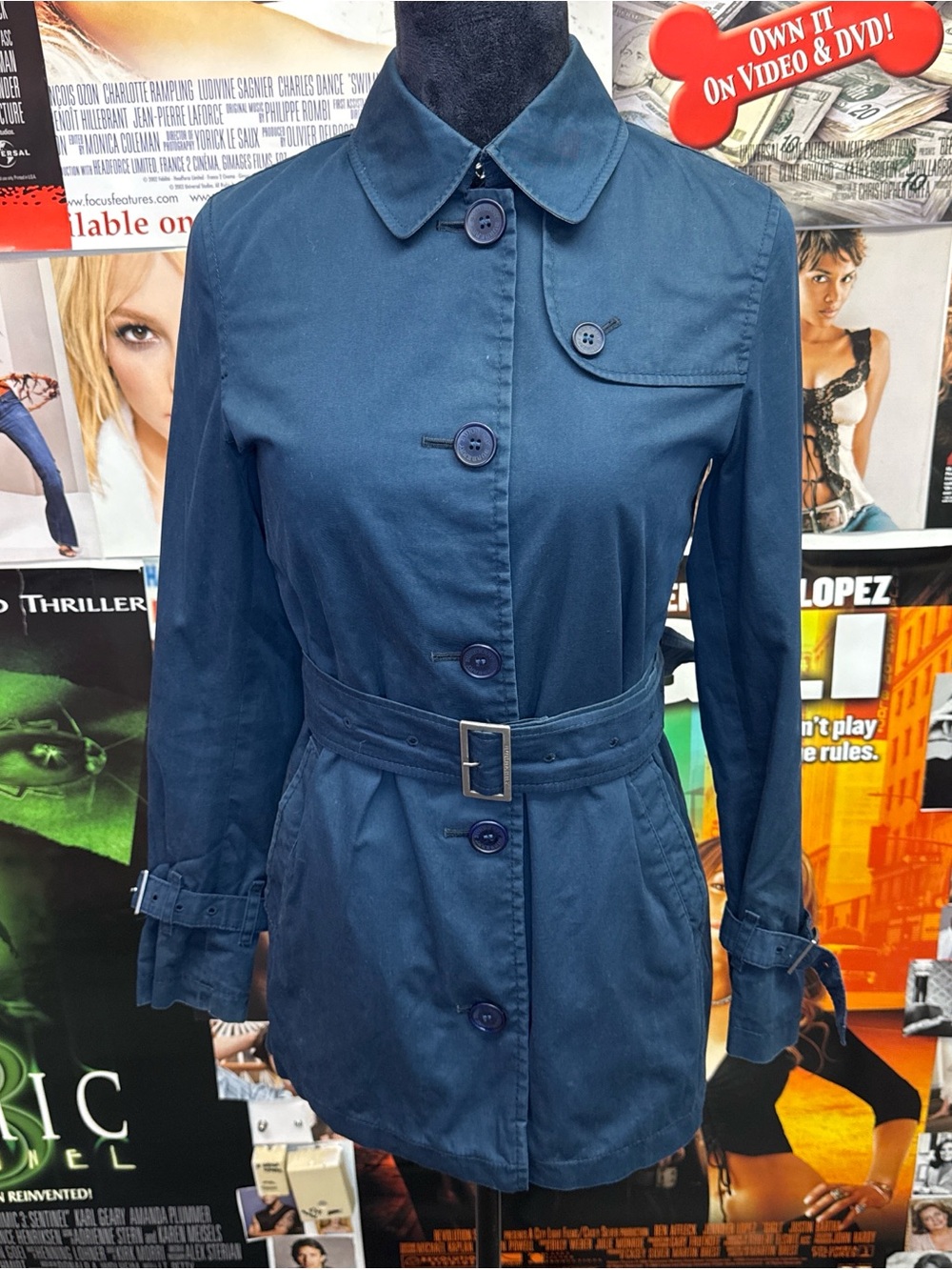 1999 Burberry Navy Blue Belted Trench Coat